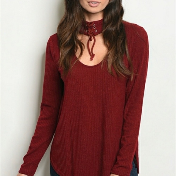 Sweaters - LAST ONE!Burgundy Lace Up Choker Top